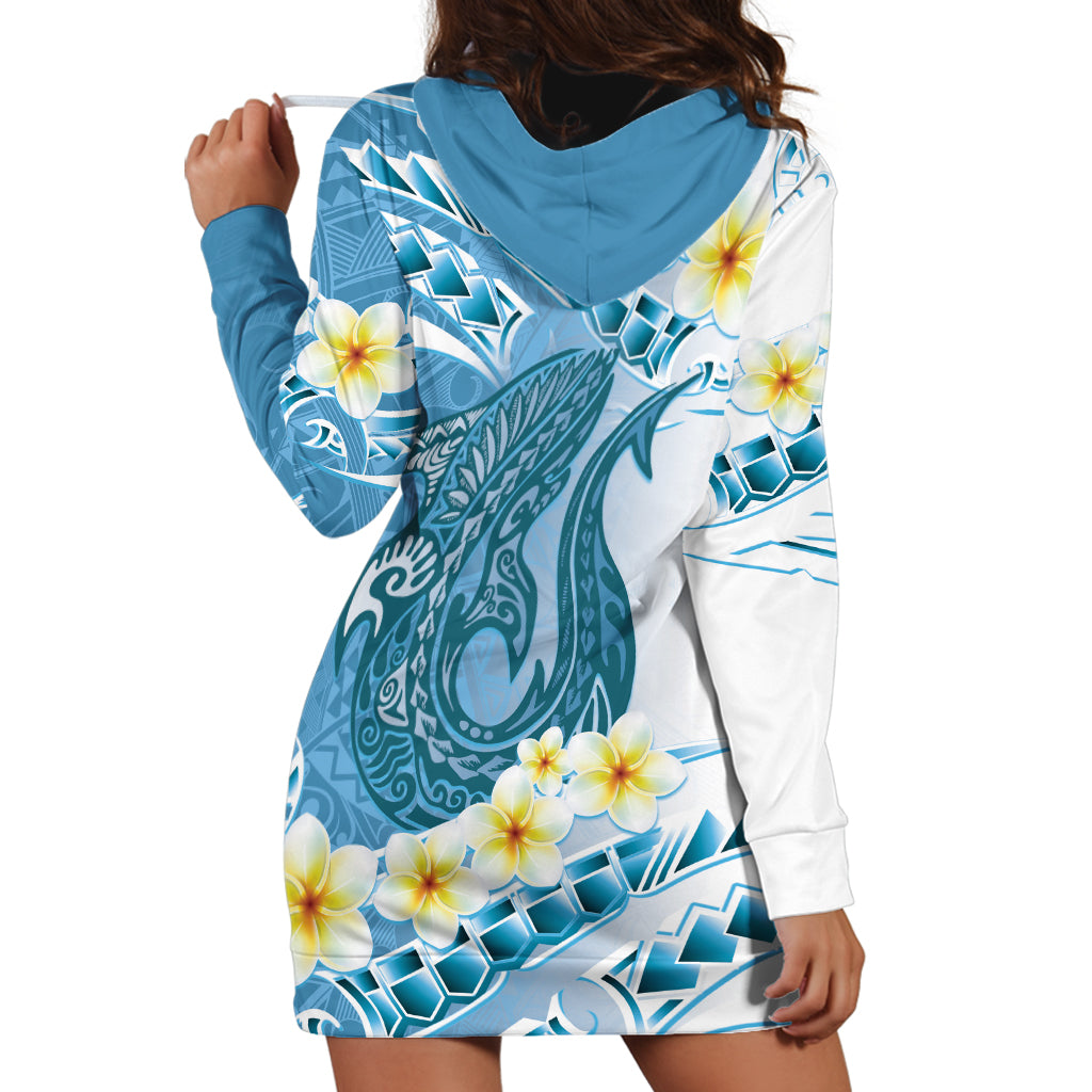 Blue Hawaii Shark Tattoo Hoodie Dress Frangipani With Polynesian Pastel Version LT14 - Polynesian Pride