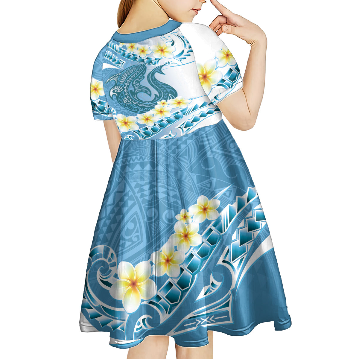 Blue Hawaii Shark Tattoo Kid Short Sleeve Dress Frangipani With Polynesian Pastel Version LT14 - Polynesian Pride