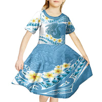 Blue Hawaii Shark Tattoo Kid Short Sleeve Dress Frangipani With Polynesian Pastel Version LT14 - Polynesian Pride