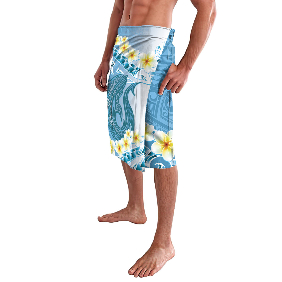 Blue Hawaii Shark Tattoo Lavalava Frangipani With Polynesian Pastel Version LT14 - Polynesian Pride
