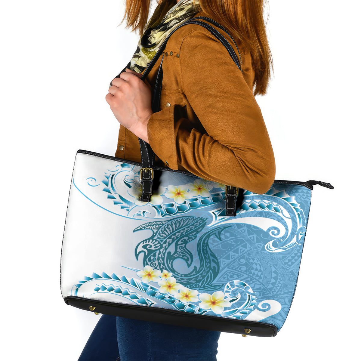 Blue Hawaii Shark Tattoo Leather Tote Bag Frangipani With Polynesian Pastel Version LT14 Blue - Polynesian Pride