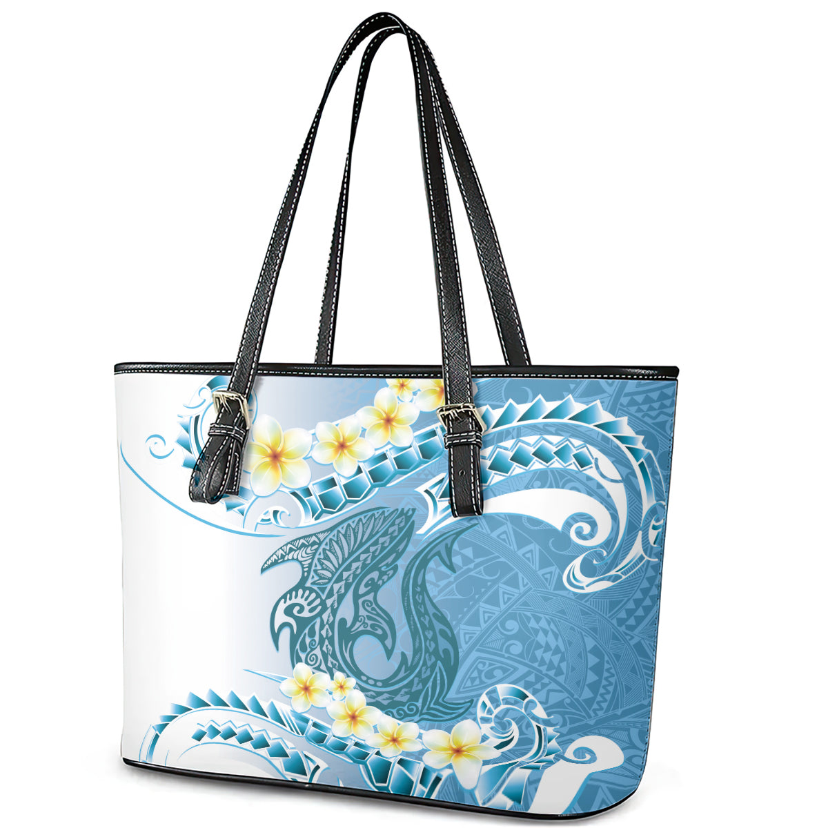 Blue Hawaii Shark Tattoo Leather Tote Bag Frangipani With Polynesian Pastel Version LT14 - Polynesian Pride