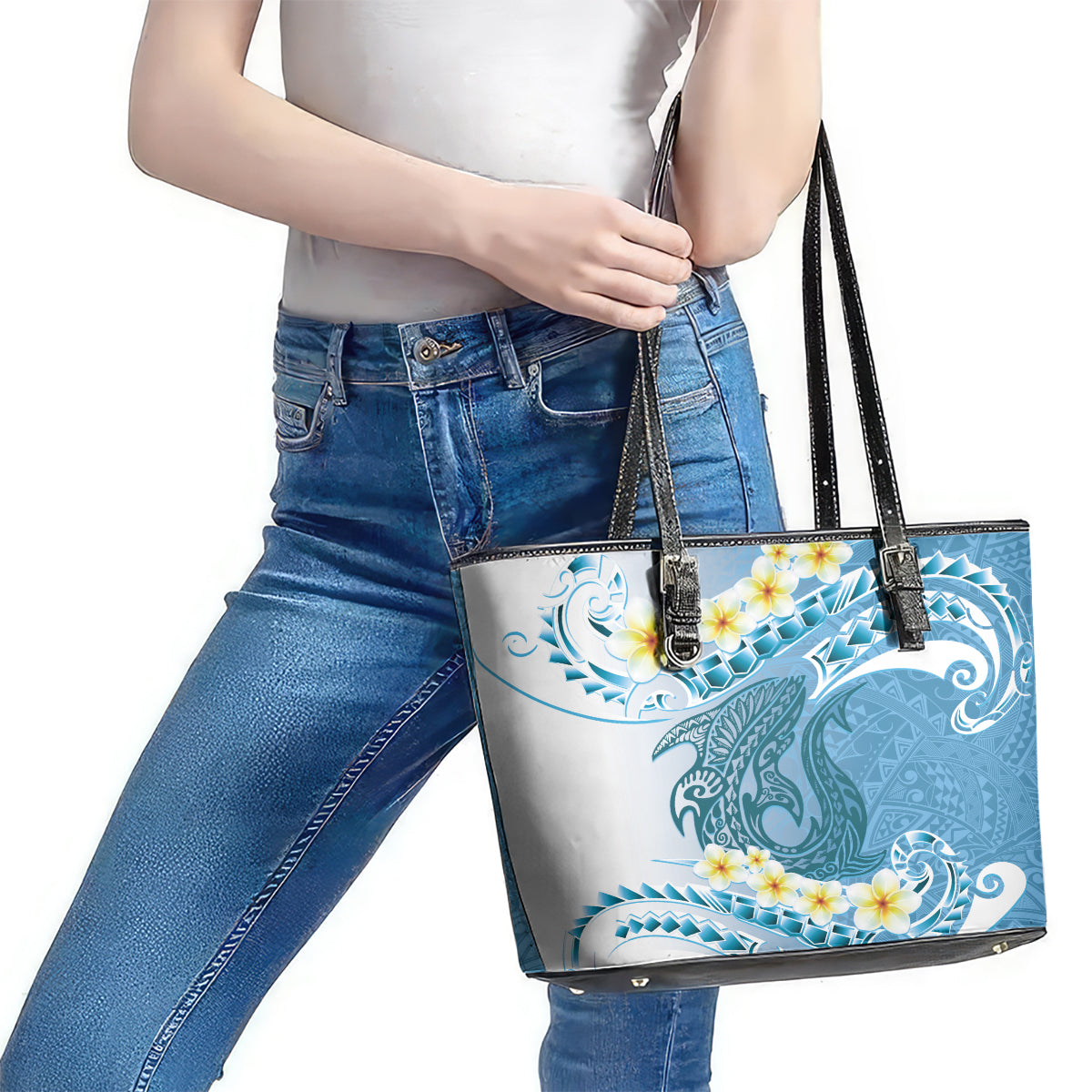 Blue Hawaii Shark Tattoo Leather Tote Bag Frangipani With Polynesian Pastel Version LT14 - Polynesian Pride