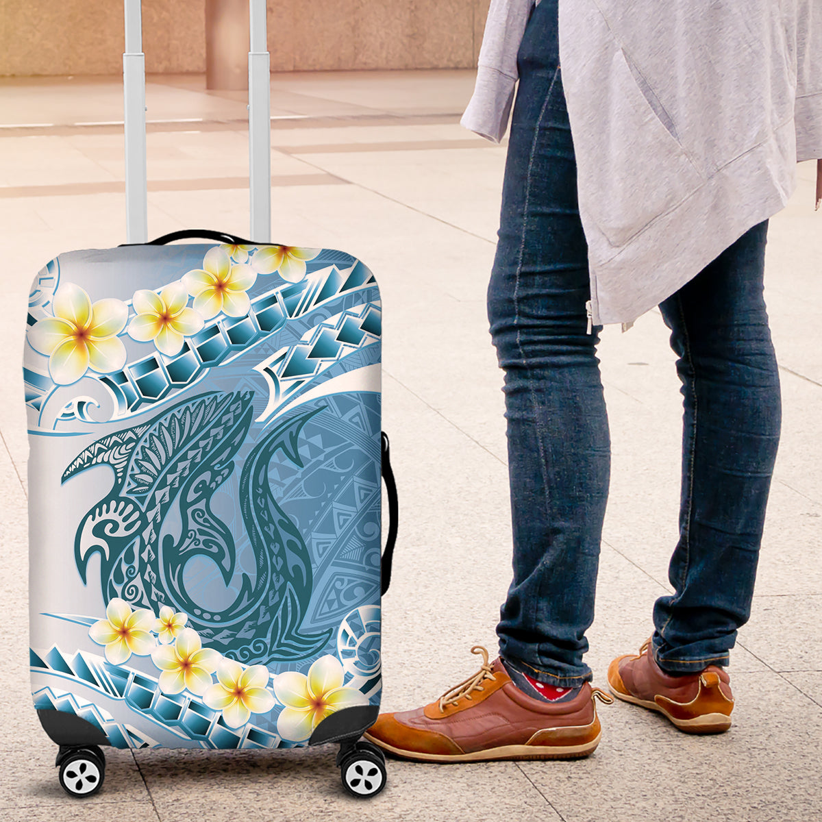 Blue Hawaii Shark Tattoo Luggage Cover Frangipani With Polynesian Pastel Version