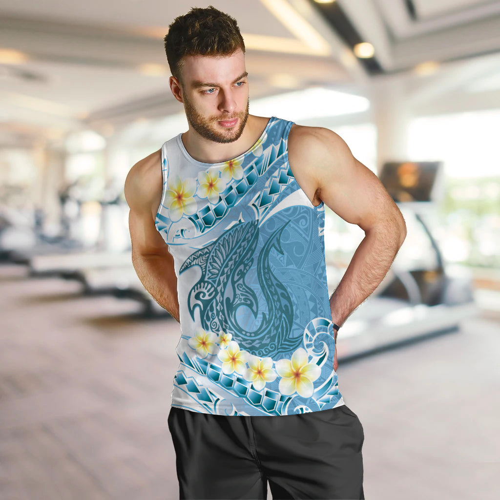 Blue Hawaii Shark Tattoo Men Tank Top Frangipani With Polynesian Pastel Version LT14 Blue - Polynesian Pride