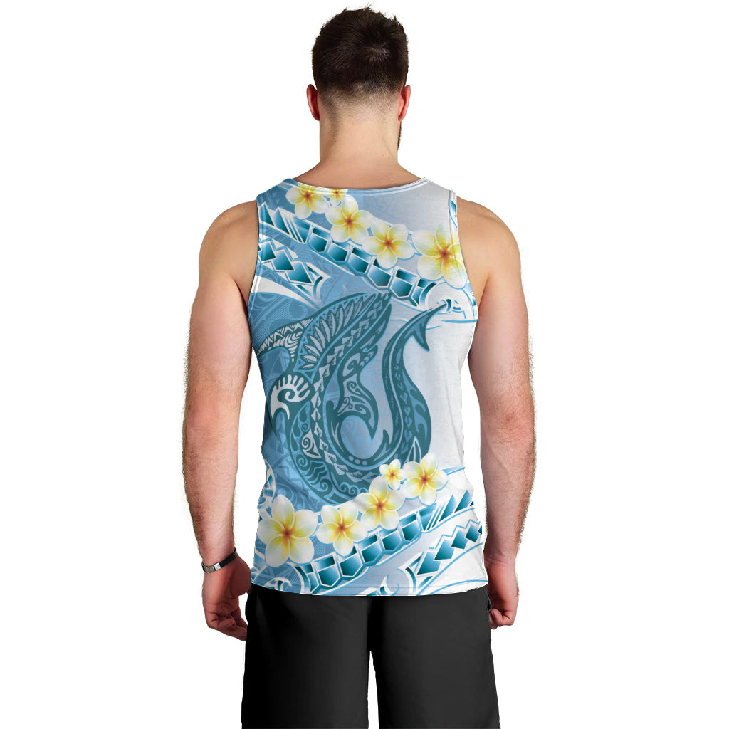 Blue Hawaii Shark Tattoo Men Tank Top Frangipani With Polynesian Pastel Version LT14 - Polynesian Pride