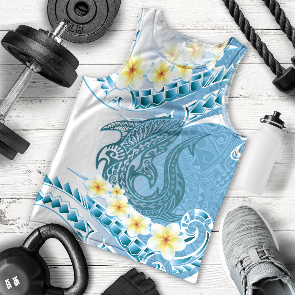 Blue Hawaii Shark Tattoo Men Tank Top Frangipani With Polynesian Pastel Version LT14 - Polynesian Pride