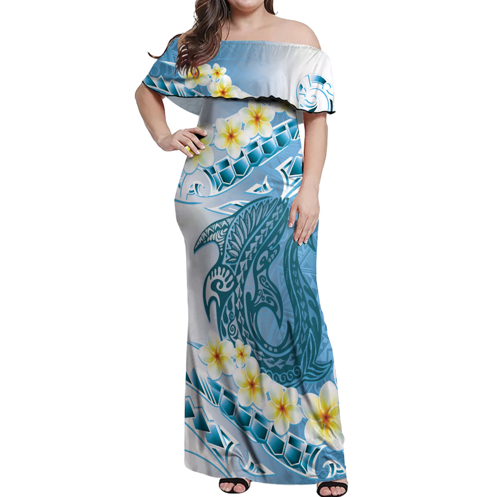 Blue Hawaii Shark Tattoo Off Shoulder Maxi Dress Frangipani With Polynesian Pastel Version LT14 Women Blue - Polynesian Pride