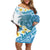 Blue Hawaii Shark Tattoo Off Shoulder Short Dress Frangipani With Polynesian Pastel Version