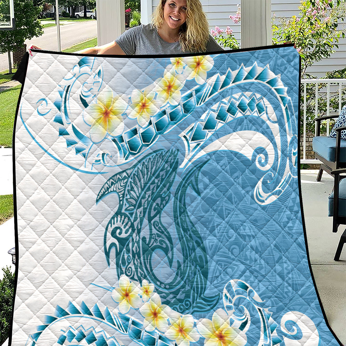 Blue Hawaii Shark Tattoo Quilt Frangipani With Polynesian Pastel Version