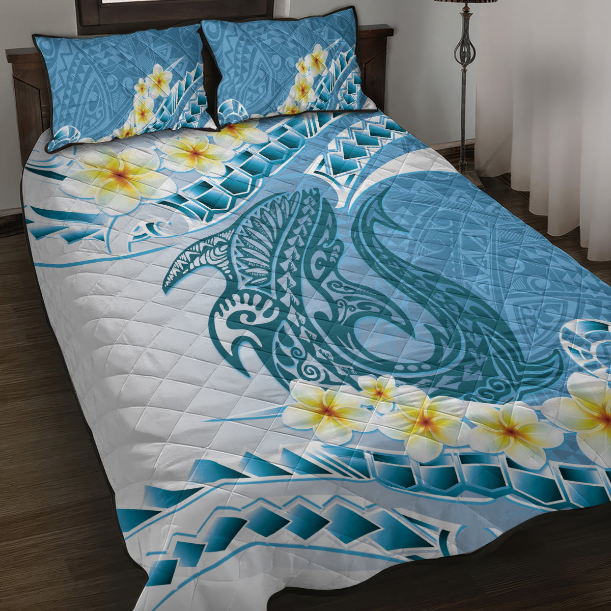 Blue Hawaii Shark Tattoo Quilt Bed Set Frangipani With Polynesian Pastel Version