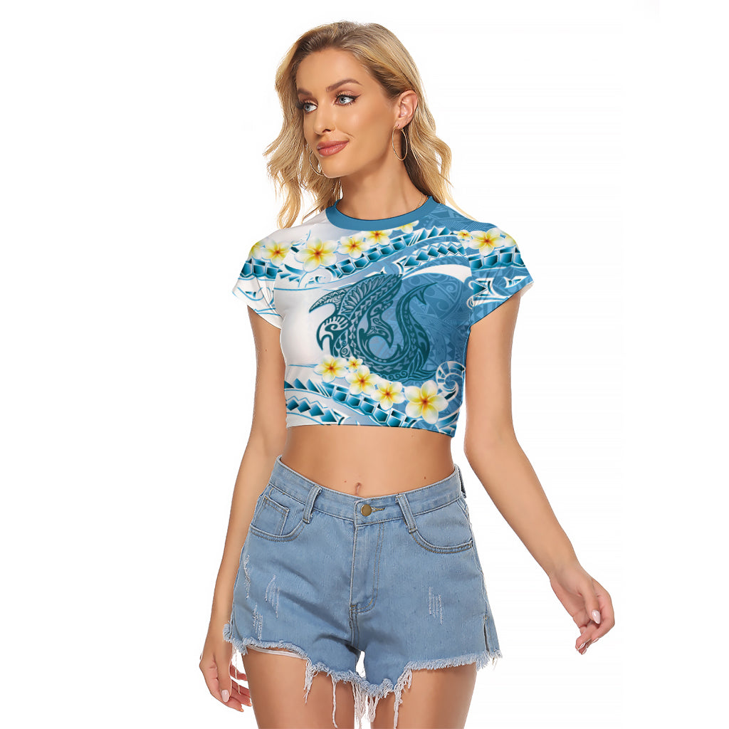 Blue Hawaii Shark Tattoo Raglan Cropped T Shirt Frangipani With Polynesian Pastel Version