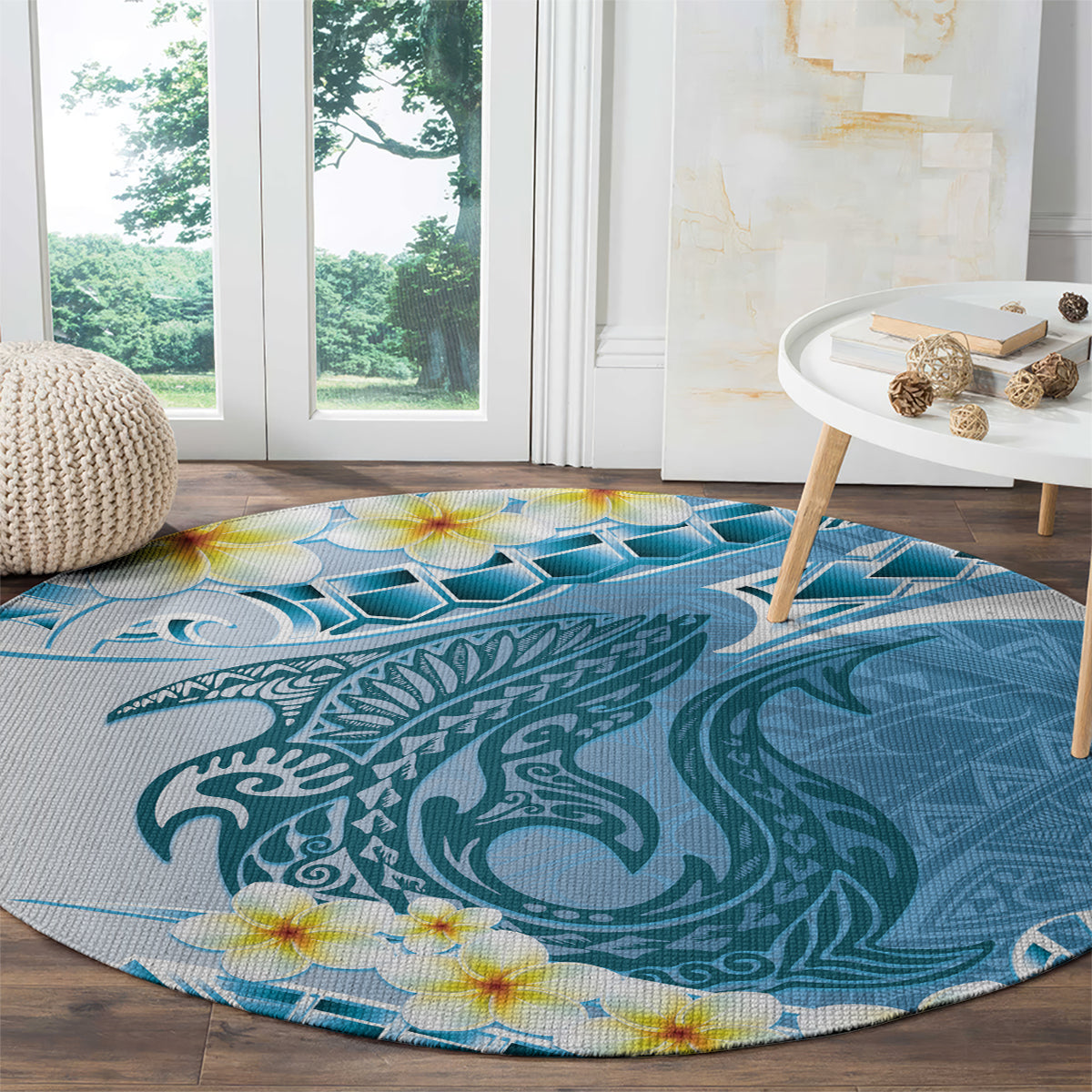 Blue Hawaii Shark Tattoo Round Carpet Frangipani With Polynesian Pastel Version