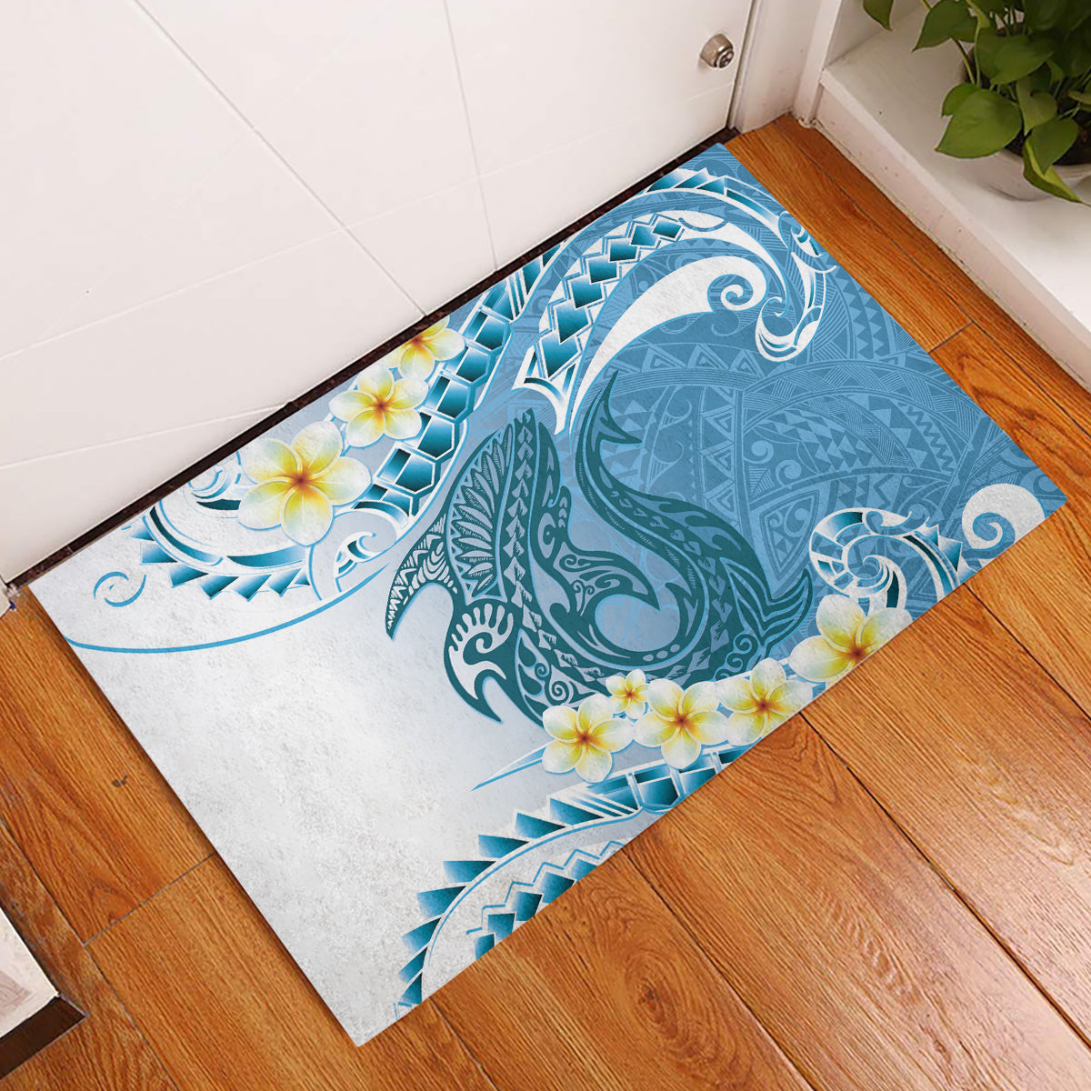 Blue Hawaii Shark Tattoo Rubber Doormat Frangipani With Polynesian Pastel Version LT14 Blue - Polynesian Pride