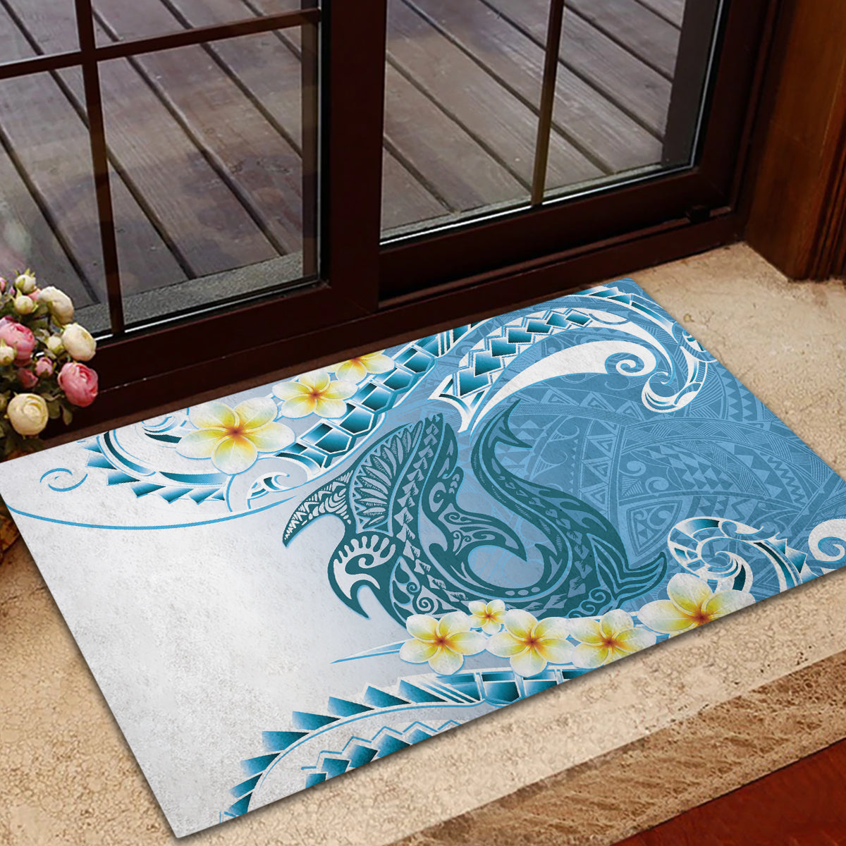 Blue Hawaii Shark Tattoo Rubber Doormat Frangipani With Polynesian Pastel Version