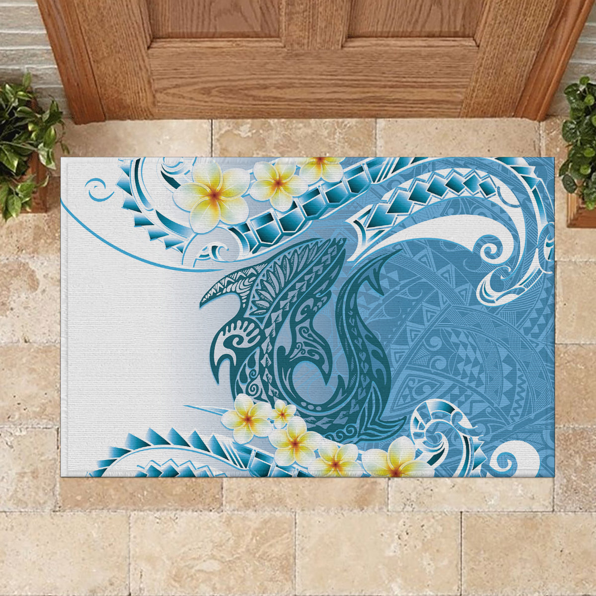 Blue Hawaii Shark Tattoo Rubber Doormat Frangipani With Polynesian Pastel Version