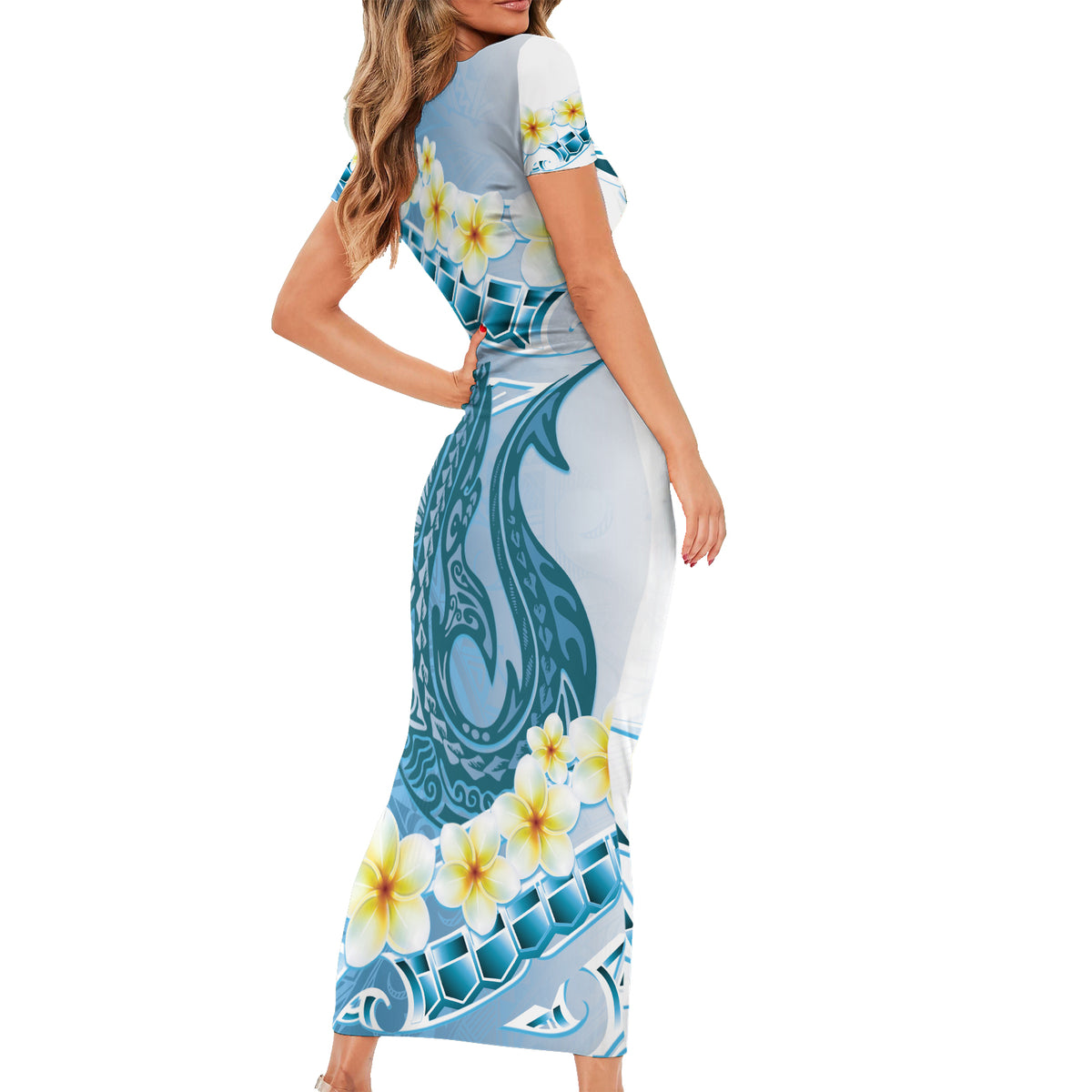 Blue Hawaii Shark Tattoo Short Sleeve Bodycon Dress Frangipani With Polynesian Pastel Version
