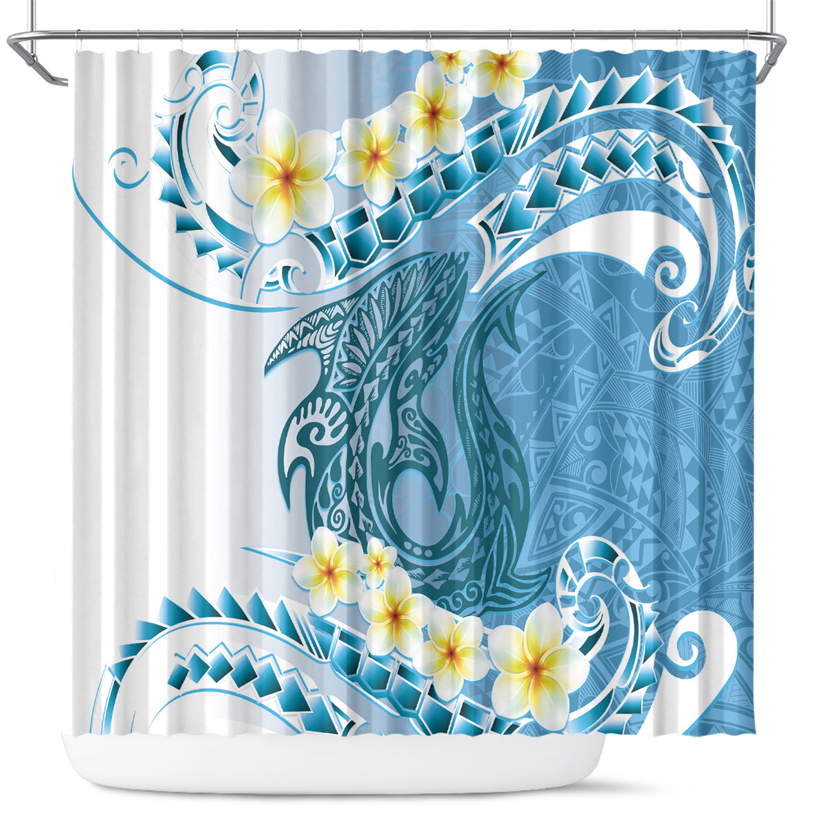 Blue Hawaii Shark Tattoo Shower Curtain Frangipani With Polynesian Pastel Version