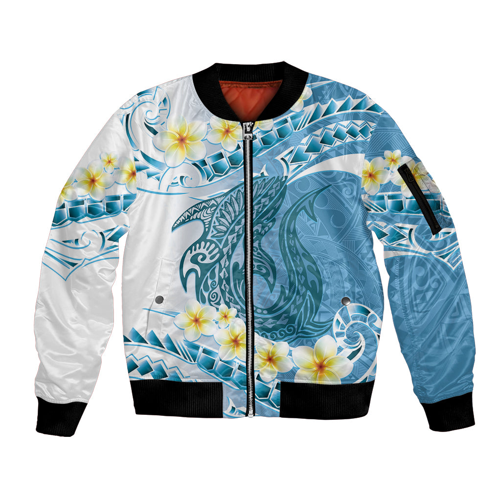 Blue Hawaii Shark Tattoo Sleeve Zip Bomber Jacket Frangipani With Polynesian Pastel Version LT14 Unisex Blue - Polynesian Pride