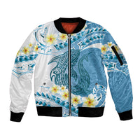 Blue Hawaii Shark Tattoo Sleeve Zip Bomber Jacket Frangipani With Polynesian Pastel Version LT14 Unisex Blue - Polynesian Pride