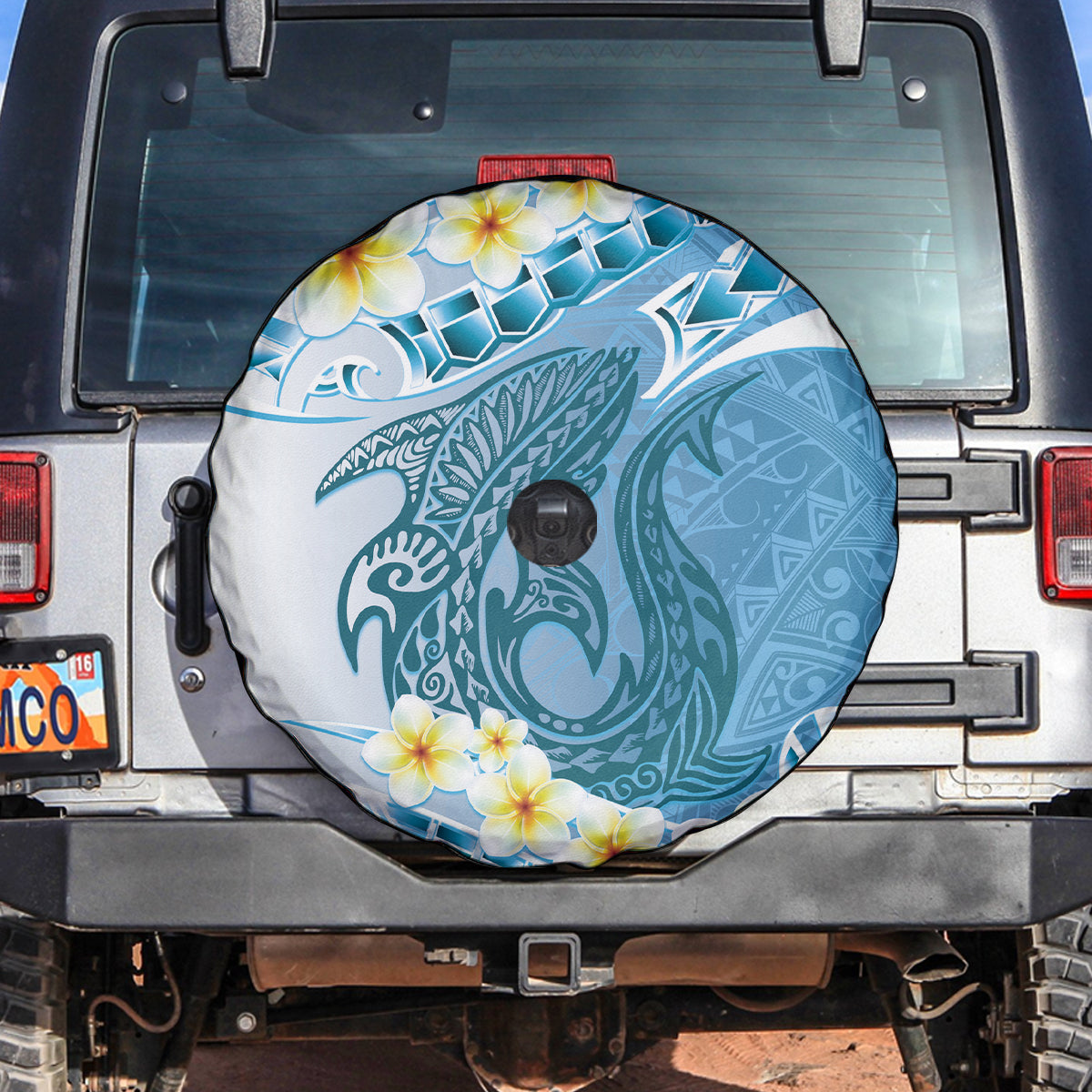 Blue Hawaii Shark Tattoo Spare Tire Cover Frangipani With Polynesian Pastel Version LT14 Blue - Polynesian Pride