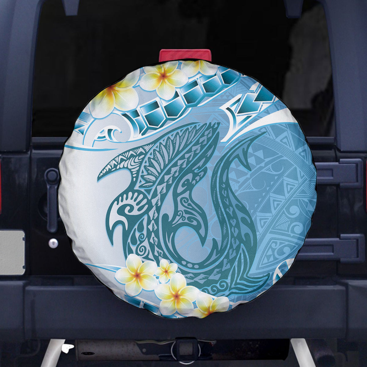 Blue Hawaii Shark Tattoo Spare Tire Cover Frangipani With Polynesian Pastel Version LT14 - Polynesian Pride
