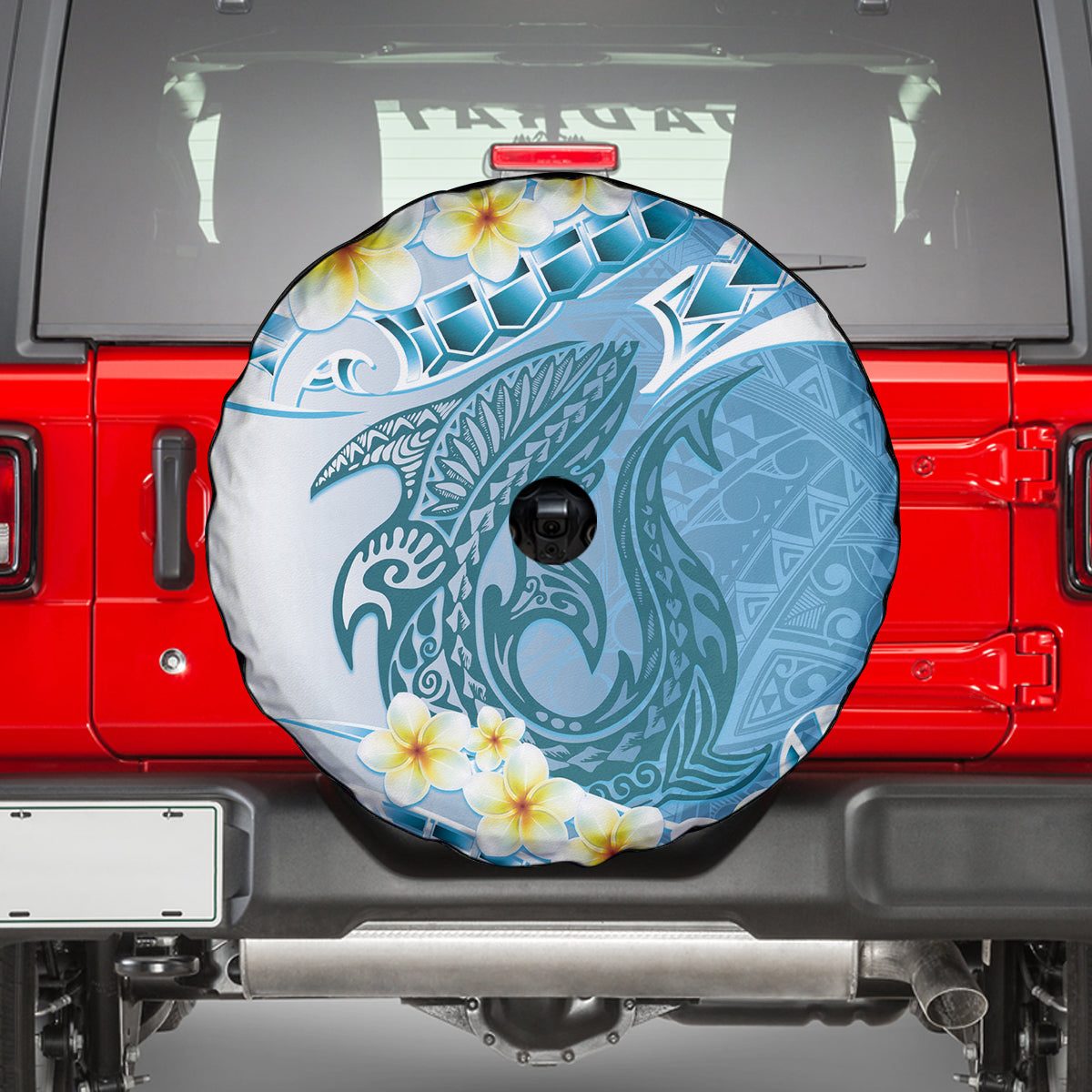 Blue Hawaii Shark Tattoo Spare Tire Cover Frangipani With Polynesian Pastel Version LT14 - Polynesian Pride