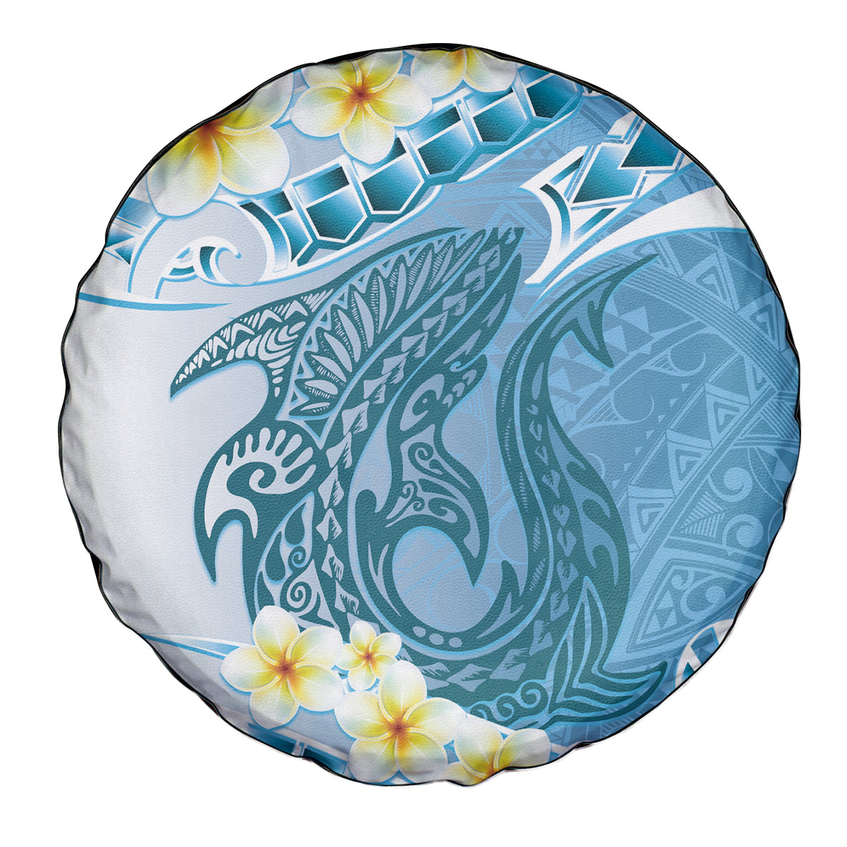 Blue Hawaii Shark Tattoo Spare Tire Cover Frangipani With Polynesian Pastel Version LT14 - Polynesian Pride