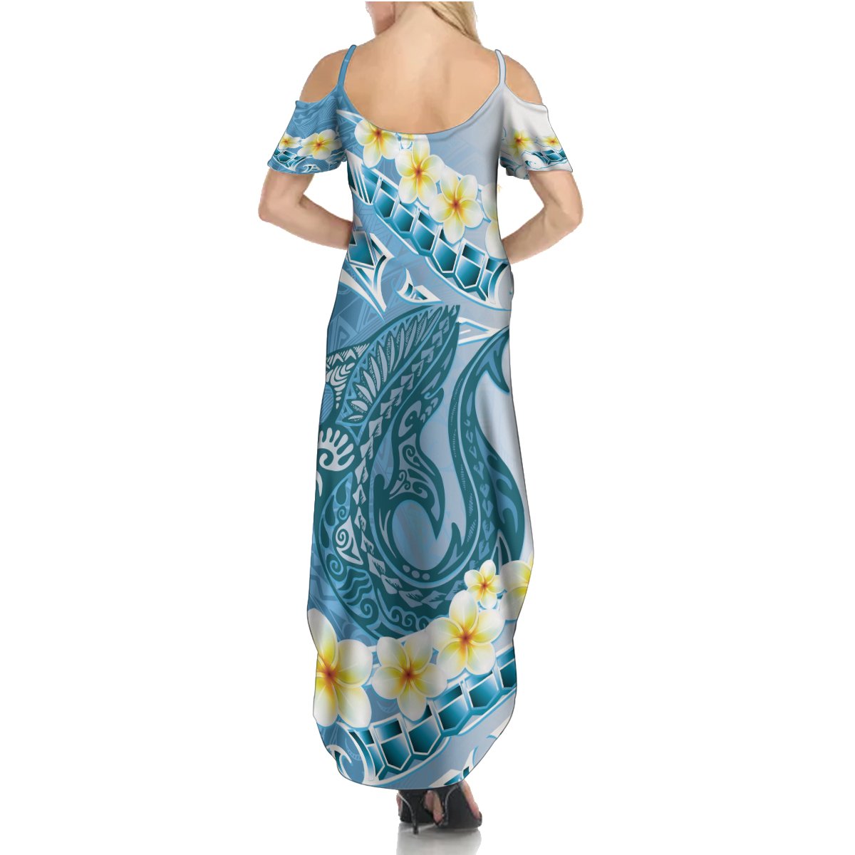 Blue Hawaii Shark Tattoo Summer Maxi Dress Frangipani With Polynesian Pastel Version LT14 - Polynesian Pride