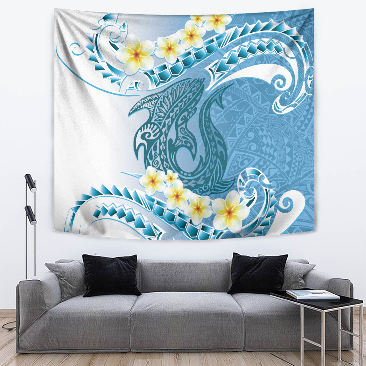 Blue Hawaii Shark Tattoo Tapestry Frangipani With Polynesian Pastel Version