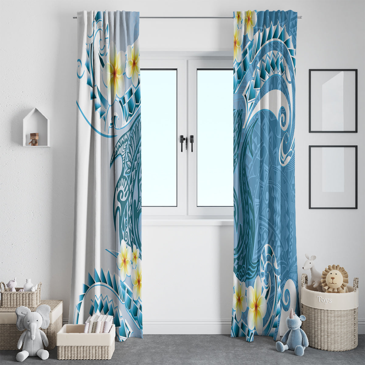 Blue Hawaii Shark Tattoo Window Curtain Frangipani With Polynesian Pastel Version LT14 - Polynesian Pride