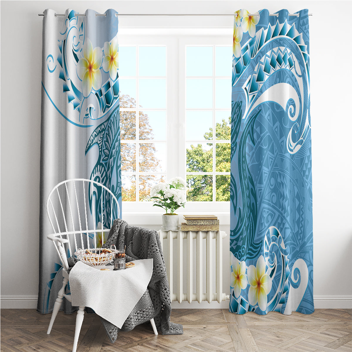 Blue Hawaii Shark Tattoo Window Curtain Frangipani With Polynesian Pastel Version LT14 - Polynesian Pride