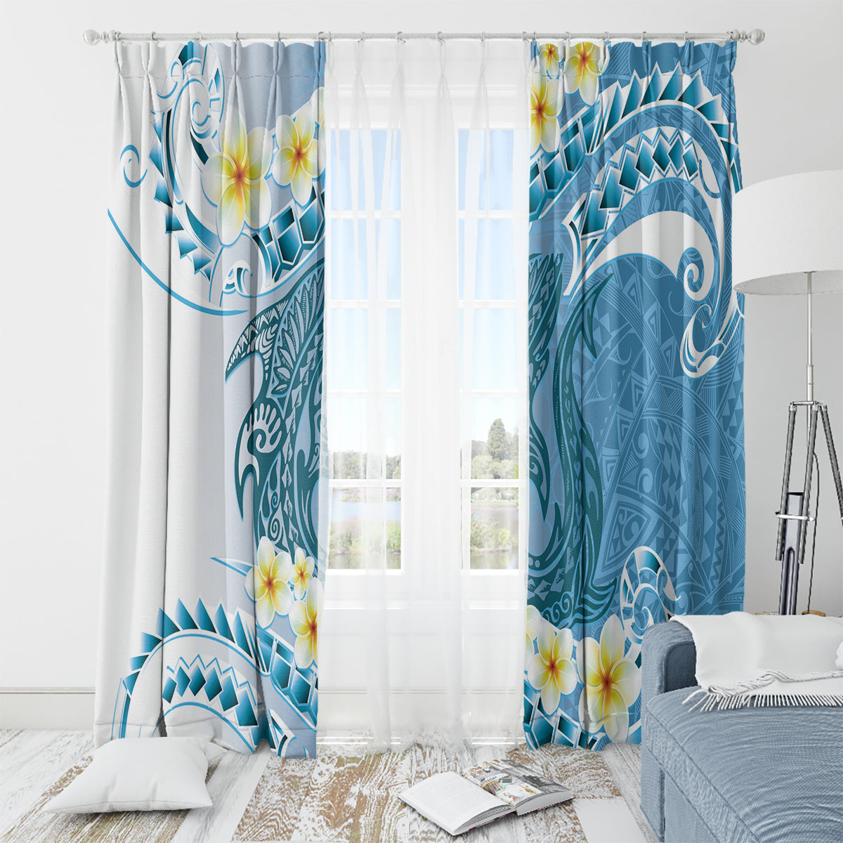 Blue Hawaii Shark Tattoo Window Curtain Frangipani With Polynesian Pastel Version LT14 - Polynesian Pride