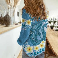 Blue Hawaii Shark Tattoo Women Casual Shirt Frangipani With Polynesian Pastel Version