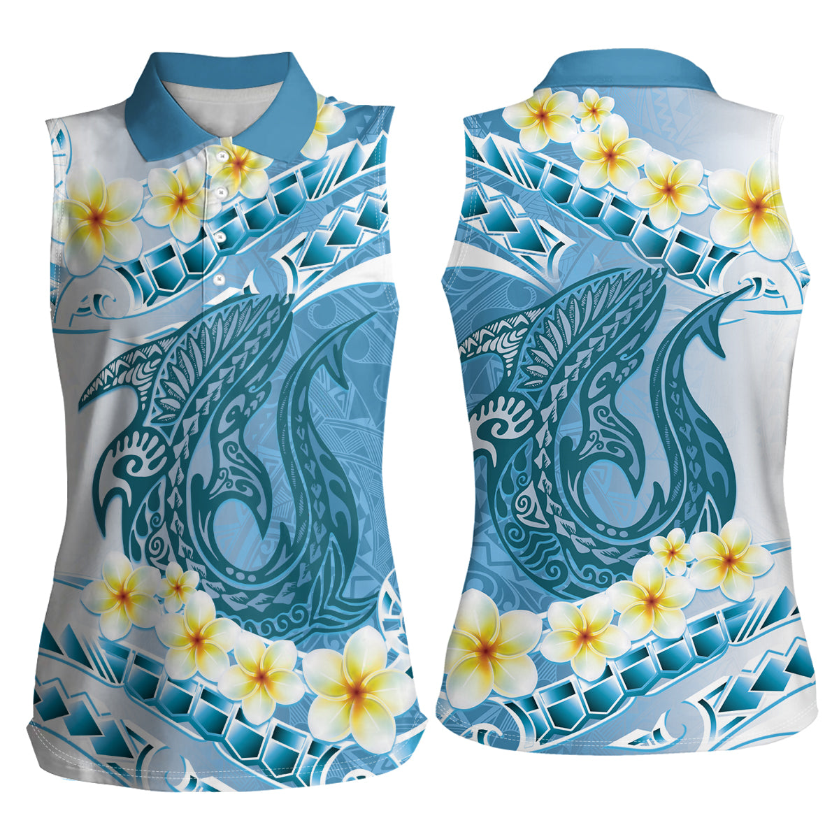 Blue Hawaii Shark Tattoo Women Sleeveless Polo Shirt Frangipani With Polynesian Pastel Version