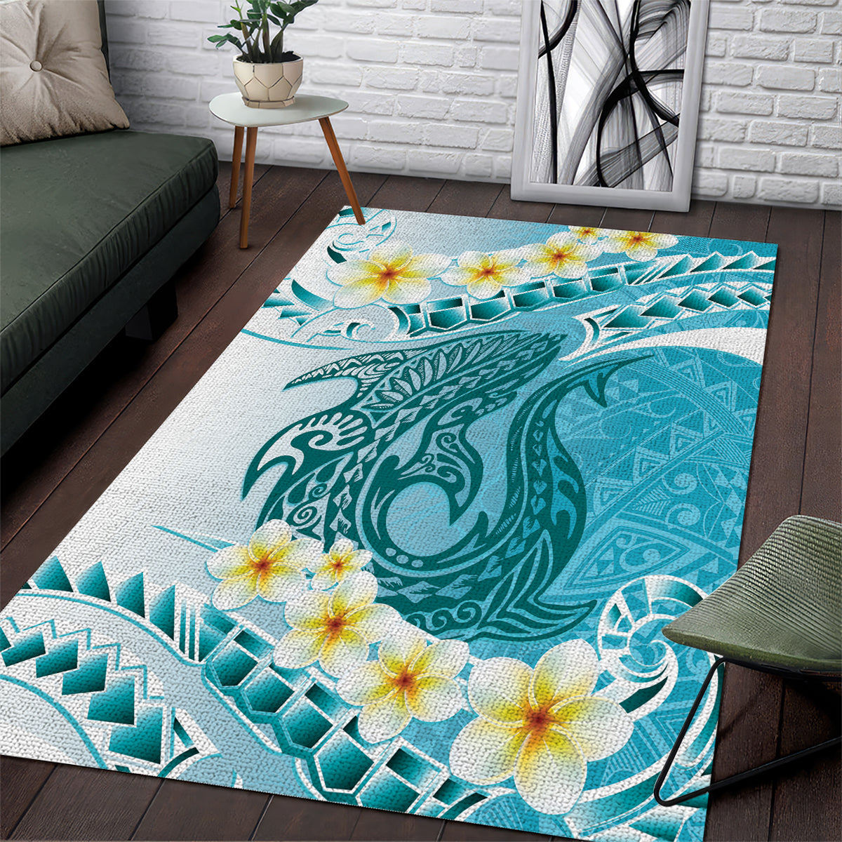 Turquoise Hawaii Shark Tattoo Area Rug Frangipani With Polynesian Pastel Version