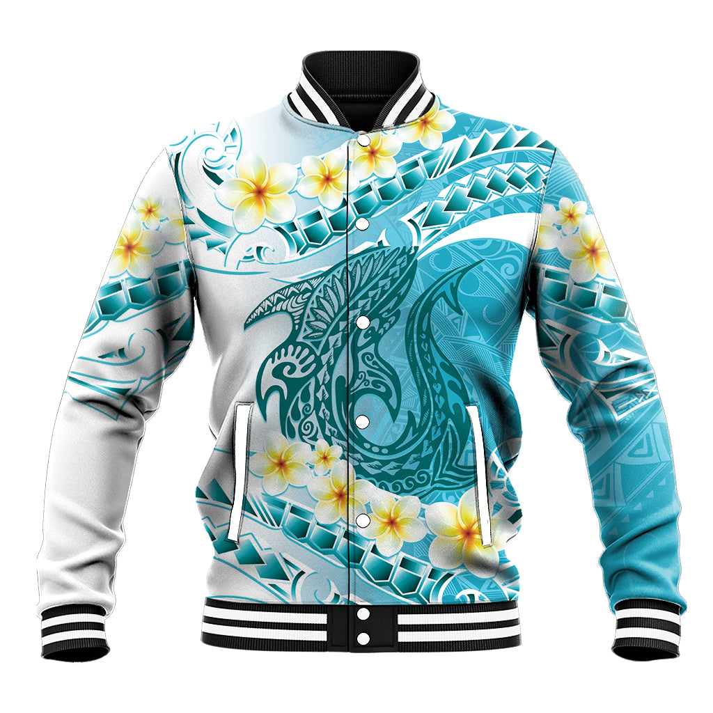 Turquoise Hawaii Shark Tattoo Baseball Jacket Frangipani With Polynesian Pastel Version LT14 Unisex Turquoise - Polynesian Pride