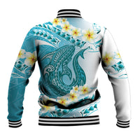 Turquoise Hawaii Shark Tattoo Baseball Jacket Frangipani With Polynesian Pastel Version LT14 - Polynesian Pride