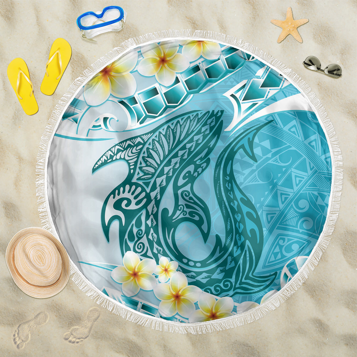 Turquoise Hawaii Shark Tattoo Beach Blanket Frangipani With Polynesian Pastel Version LT14 One Size 150cm Turquoise - Polynesian Pride