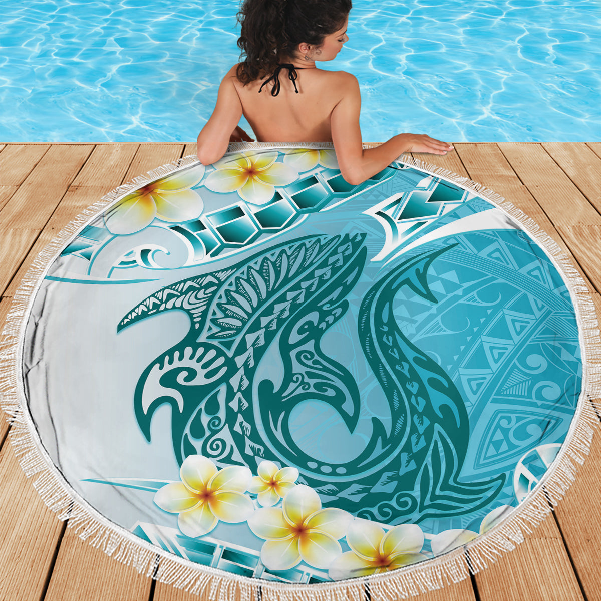 Turquoise Hawaii Shark Tattoo Beach Blanket Frangipani With Polynesian Pastel Version LT14 - Polynesian Pride