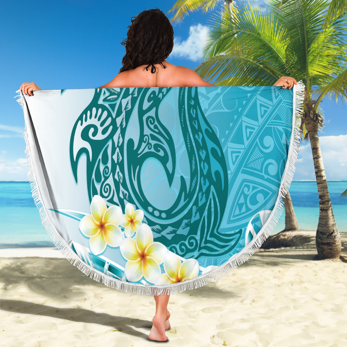 Turquoise Hawaii Shark Tattoo Beach Blanket Frangipani With Polynesian Pastel Version LT14 - Polynesian Pride