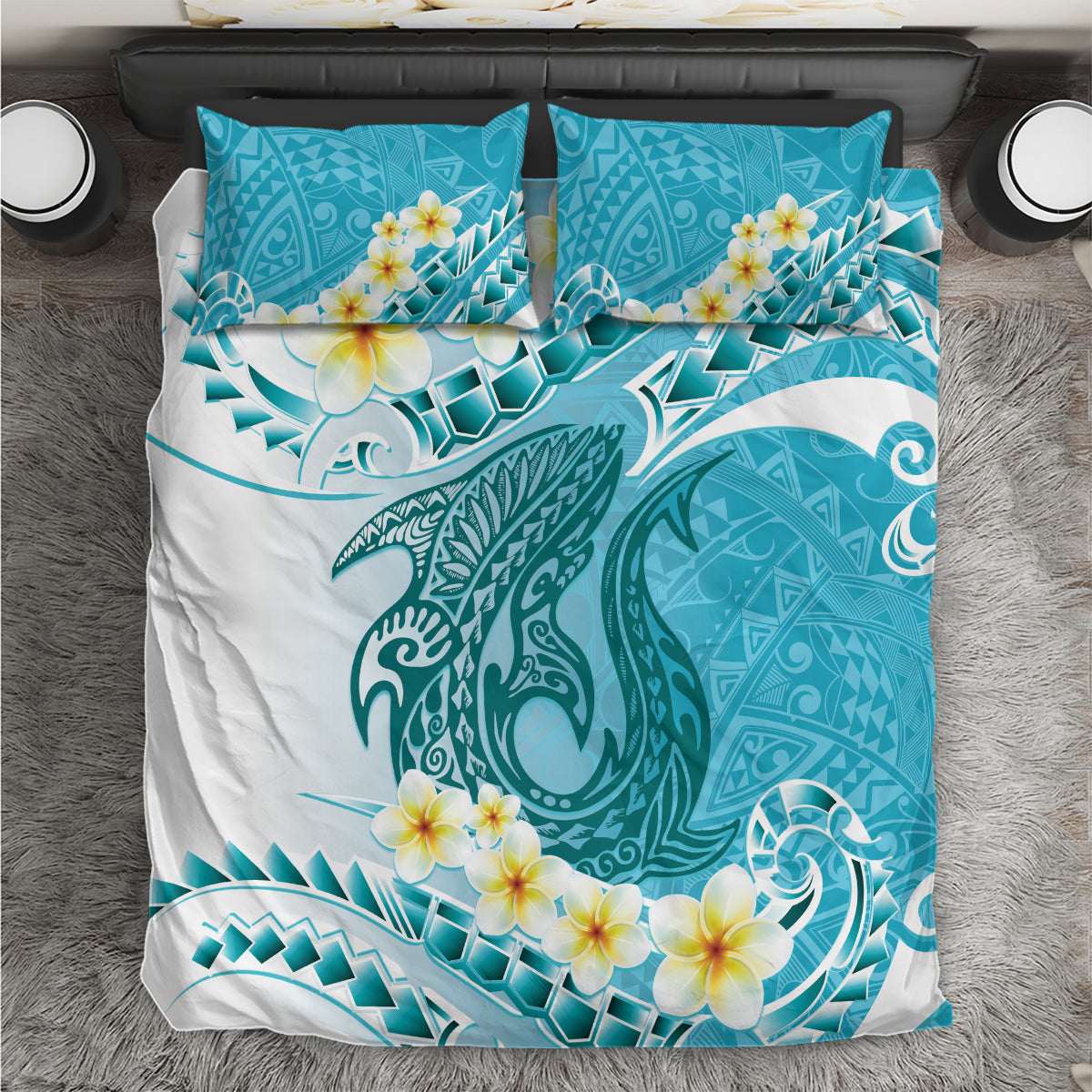 Turquoise Hawaii Shark Tattoo Bedding Set Frangipani With Polynesian Pastel Version LT14 Turquoise - Polynesian Pride
