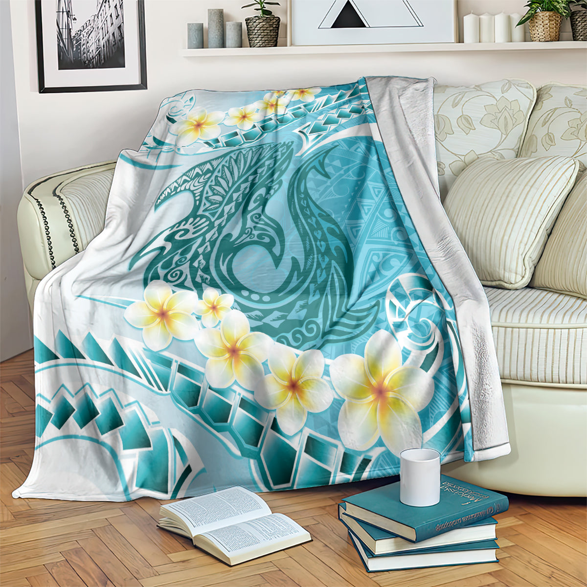 Turquoise Hawaii Shark Tattoo Blanket Frangipani With Polynesian Pastel Version LT14 Turquoise - Polynesian Pride
