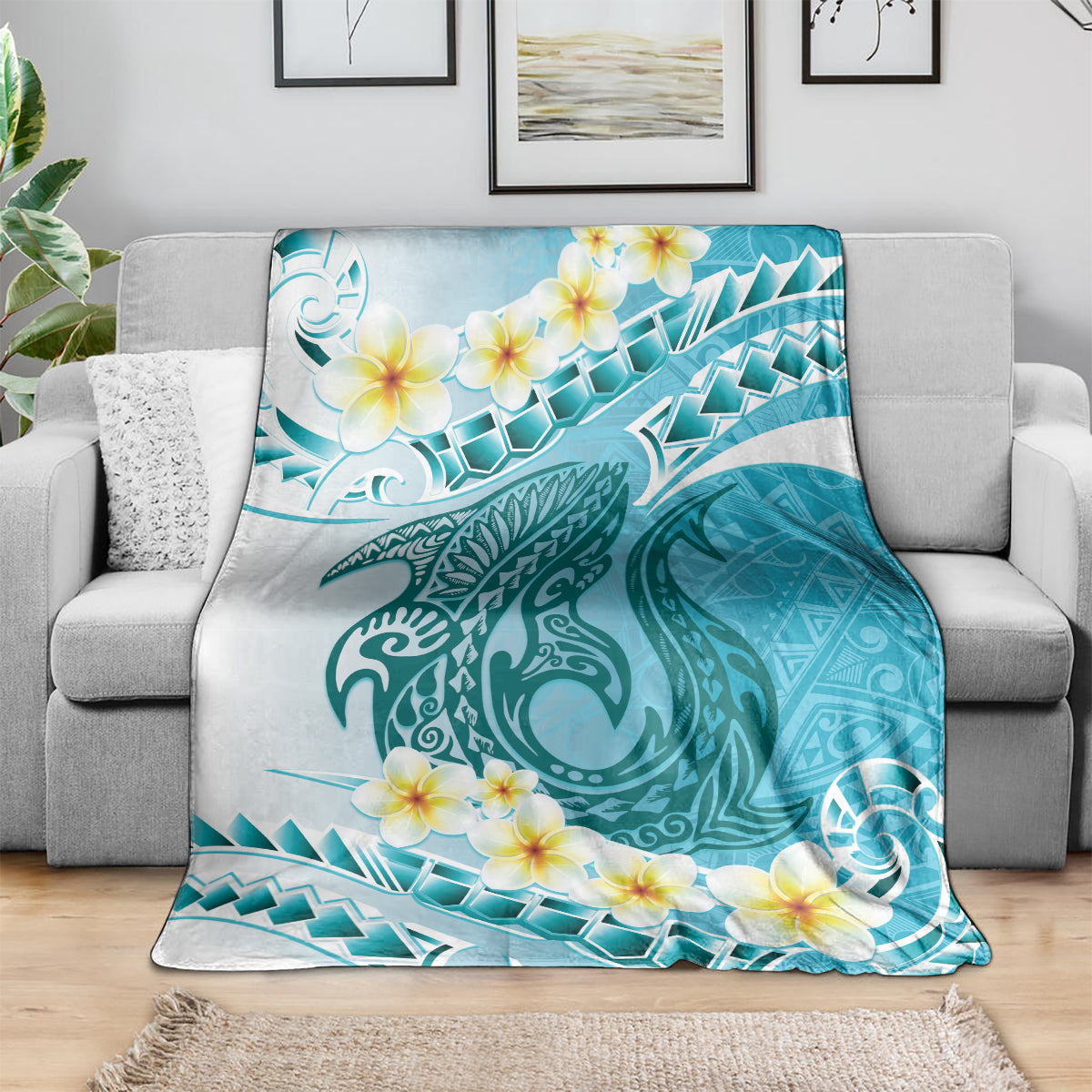 Turquoise Hawaii Shark Tattoo Blanket Frangipani With Polynesian Pastel Version LT14 - Polynesian Pride