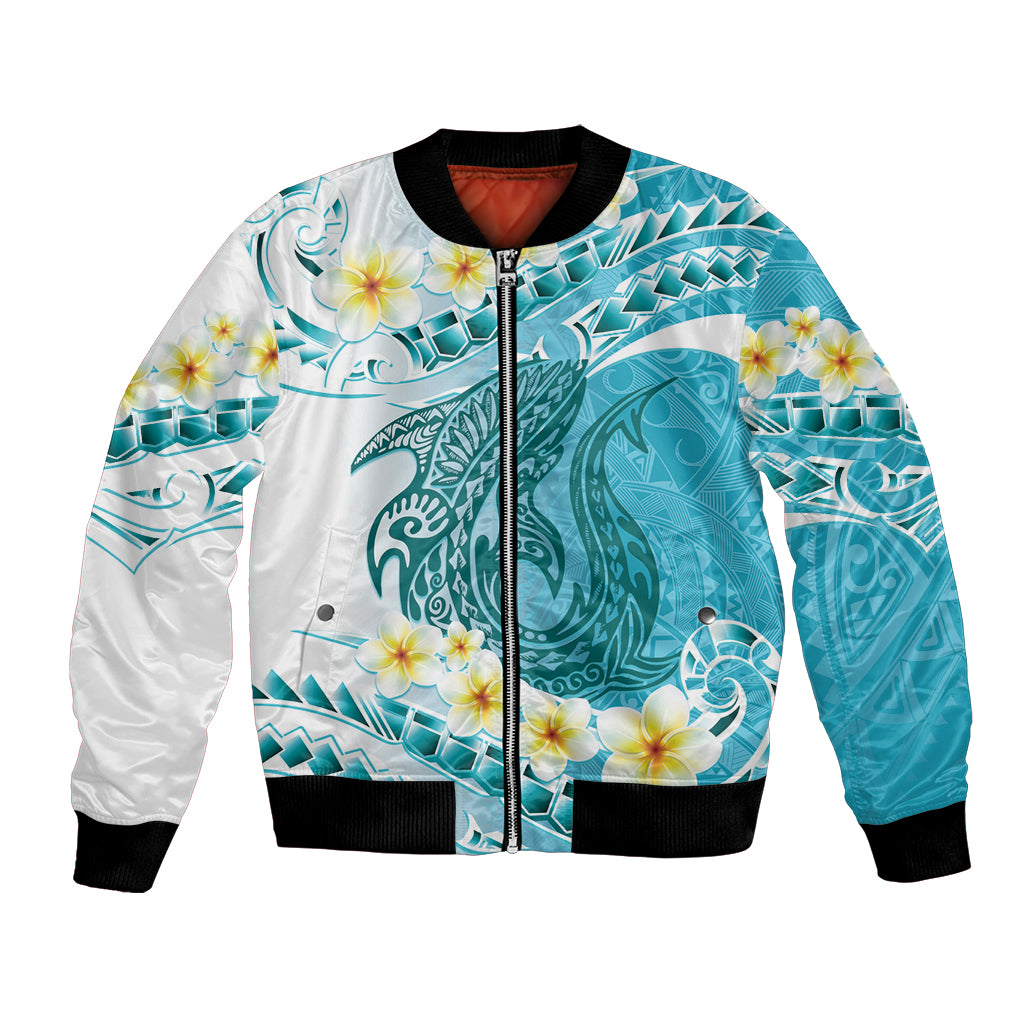 Turquoise Hawaii Shark Tattoo Bomber Jacket Frangipani With Polynesian Pastel Version LT14 Unisex Turquoise - Polynesian Pride