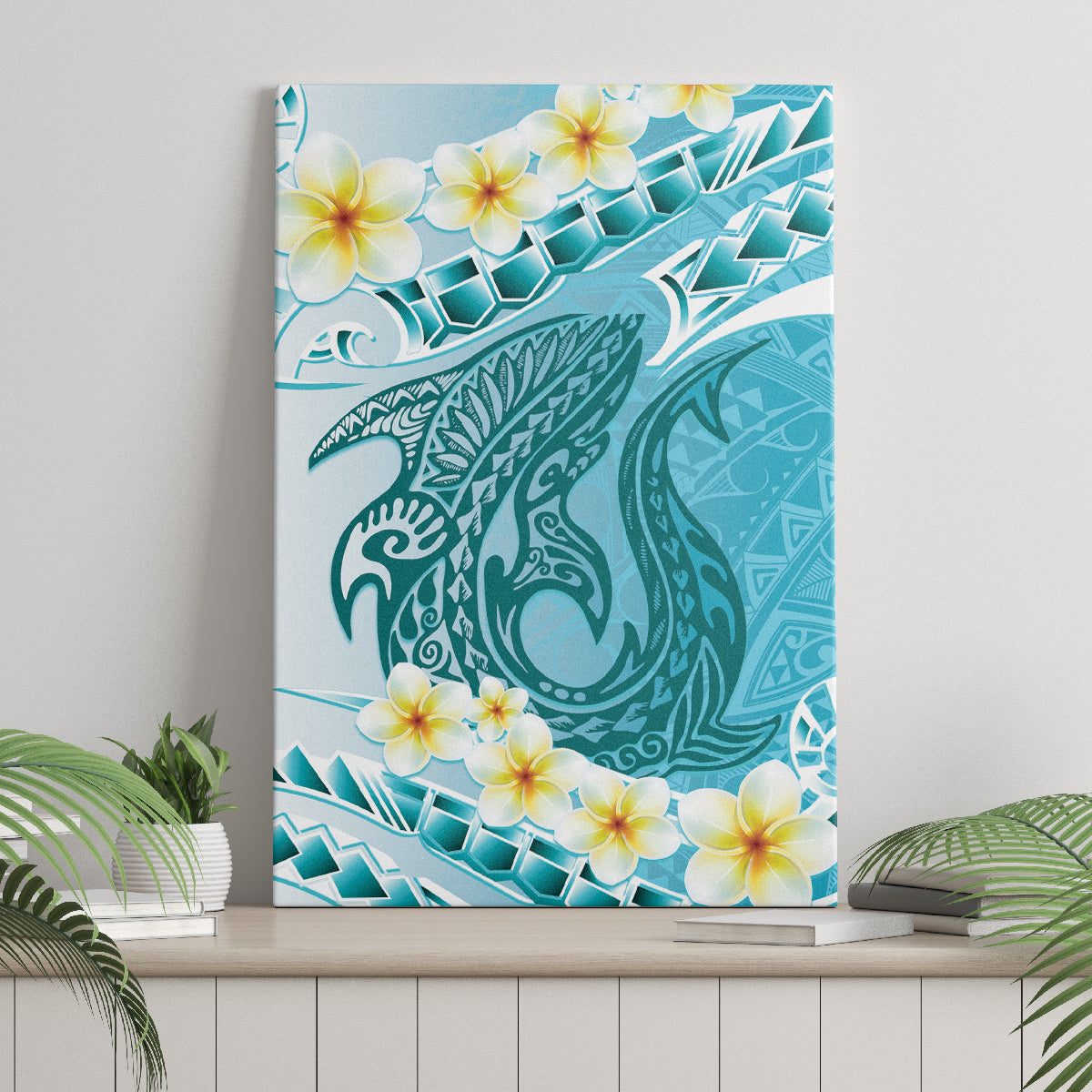 Turquoise Hawaii Shark Tattoo Canvas Wall Art Frangipani With Polynesian Pastel Version LT14 - Polynesian Pride