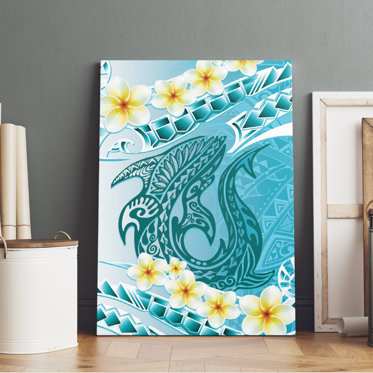 Turquoise Hawaii Shark Tattoo Canvas Wall Art Frangipani With Polynesian Pastel Version LT14 - Polynesian Pride