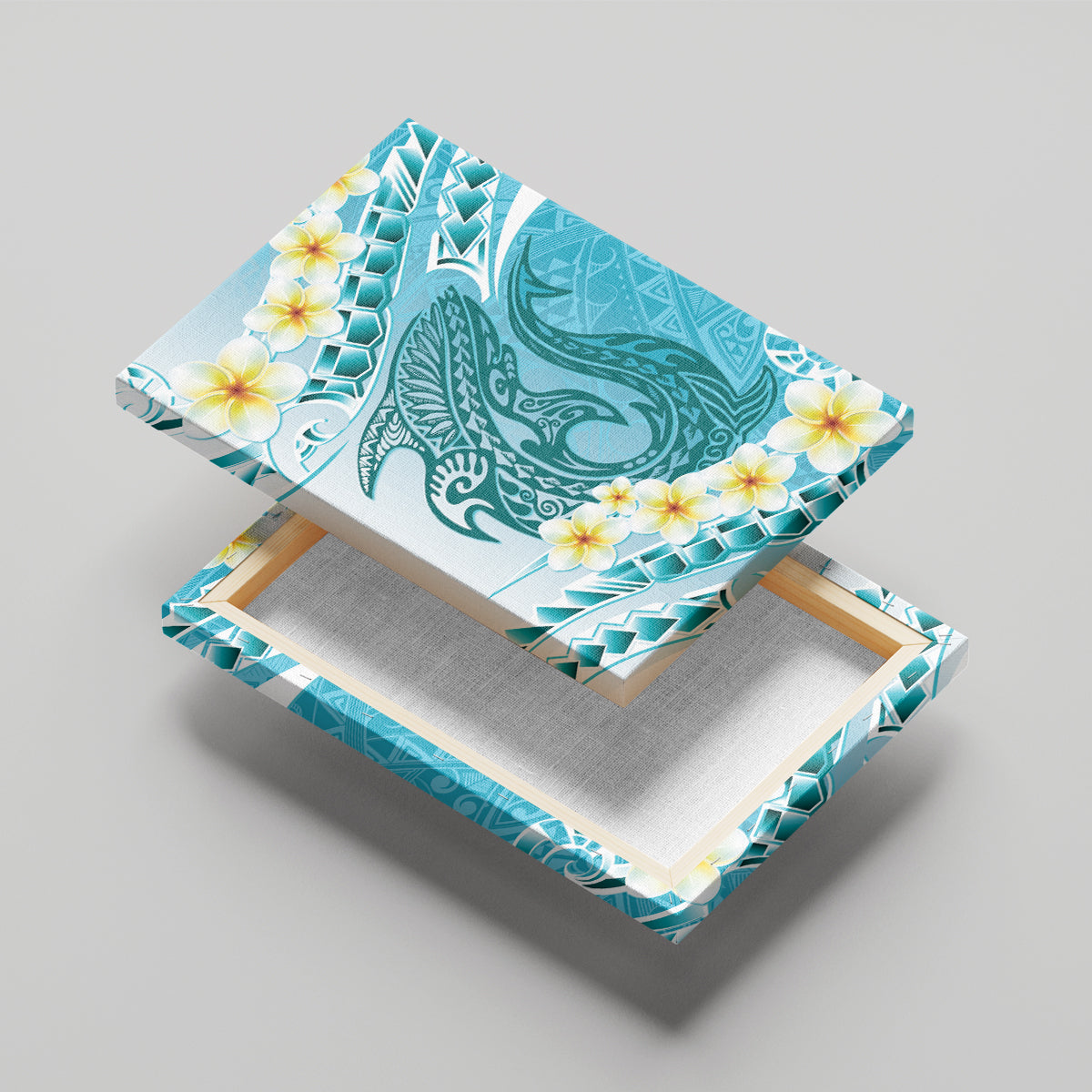 Turquoise Hawaii Shark Tattoo Canvas Wall Art Frangipani With Polynesian Pastel Version LT14 - Polynesian Pride
