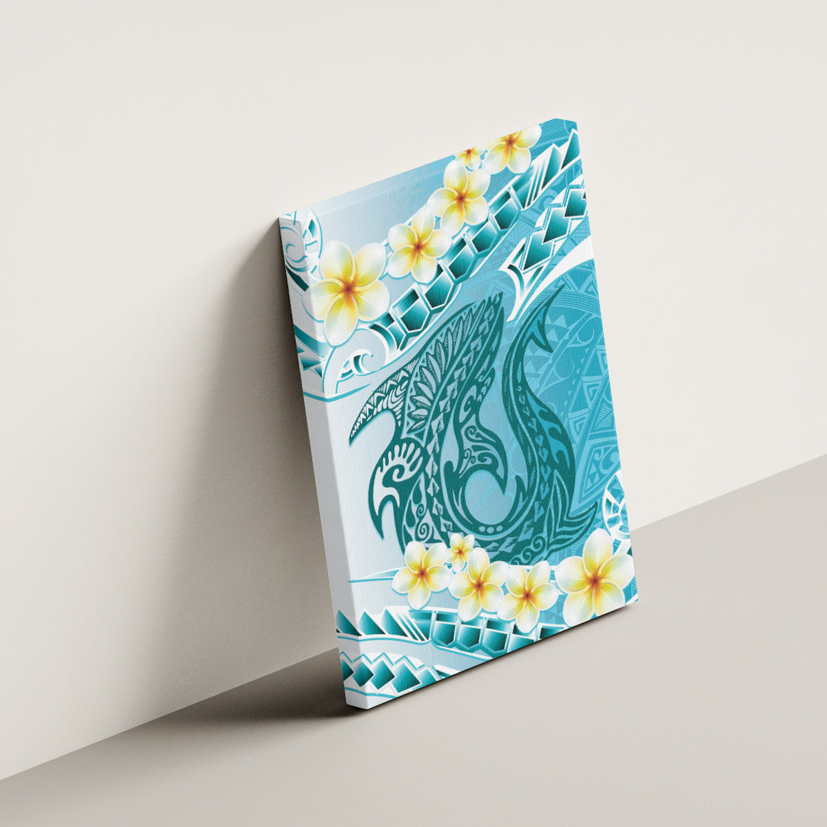 Turquoise Hawaii Shark Tattoo Canvas Wall Art Frangipani With Polynesian Pastel Version LT14 - Polynesian Pride