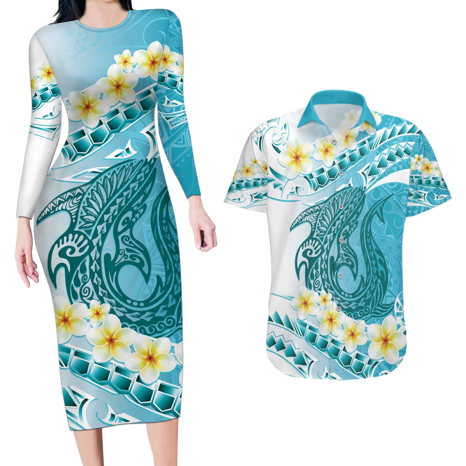 Turquoise Hawaii Shark Tattoo Couples Matching Long Sleeve Bodycon Dress and Hawaiian Shirt Frangipani With Polynesian Pastel Version LT14 Turquoise - Polynesian Pride